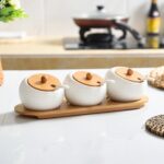 OLWICK Ceramic Condiment Pots Set of 3 with Bamboo Lids & Spoons, Spice Jar Containers with Wooden Tray, White - Image 3