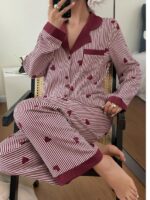 Women's Black & White Striped Nightsuit Set with Heart Print – Long Sleeve Button-Down Top & Pyjama Set - Image 5