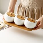 OLWICK Ceramic Condiment Pots Set of 3 with Bamboo Lids & Spoons, Spice Jar Containers with Wooden Tray, White - Image 8