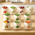 100% Cotton Reusable Vegetable Storage Bags for Fridge – Breathable, Washable Cloth Zipper Bags for Kitchen Organizer, Eco-Friendly Produce Storage Pouch – Pack of 6