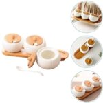 OLWICK Ceramic Condiment Pots Set of 3 with Bamboo Lids & Spoons, Spice Jar Containers with Wooden Tray, White - Image 7