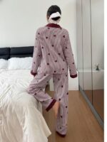 Women's Black & White Striped Nightsuit Set with Heart Print – Long Sleeve Button-Down Top & Pyjama Set - Image 3