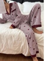 Women's Black & White Striped Nightsuit Set with Heart Print – Long Sleeve Button-Down Top & Pyjama Set - Image 4