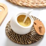 OLWICK Ceramic Condiment Pots Set of 3 with Bamboo Lids & Spoons, Spice Jar Containers with Wooden Tray, White - Image 5