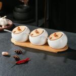 OLWICK Ceramic Condiment Pots Set of 3 with Bamboo Lids & Spoons, Spice Jar Containers with Wooden Tray, White