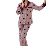 Women's Black & White Striped Nightsuit Set with Heart Print – Long Sleeve Button-Down Top & Pyjama Set