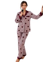 Women's Black & White Striped Nightsuit Set with Heart Print – Long Sleeve Button-Down Top & Pyjama Set
