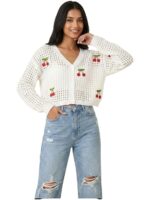 Women's Crochet Cherry Cardigan Sweater, Light Blue, Long Sleeve Crop Top with Decorative Cherry Appliques, Knitted Pattern - Image 4
