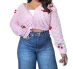 Women's Crochet Cherry Cardigan Sweater, Light Blue, Long Sleeve Crop Top with Decorative Cherry Appliques, Knitted Pattern - Image 3