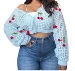 Women's Crochet Cherry Cardigan Sweater, Light Blue, Long Sleeve Crop Top with Decorative Cherry Appliques, Knitted Pattern
