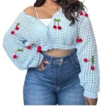 Women's Crochet Cherry Cardigan Sweater, Light Blue, Long Sleeve Crop Top with Decorative Cherry Appliques, Knitted Pattern