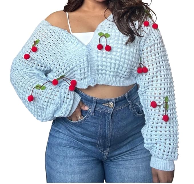 71ya+XG9CGL._SX679_ Women's Crochet Cherry Cardigan Sweater, Light Blue, Long Sleeve Crop Top with Decorative Cherry Appliques, Knitted Pattern - Image 1