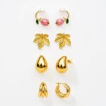 Aura Trendy Luxur Nest Gold-Tone Earrings Set of 4 Pairs Rose Bud & Pearl Cuff, Leaf Stud Design, Teardrop Studs, Triple Hoop Style, Floral & Geometric Mix