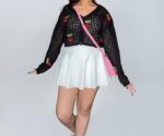 Women's Crochet Cherry Cardigan Sweater, Light Blue, Long Sleeve Crop Top with Decorative Cherry Appliques, Knitted Pattern - Image 2