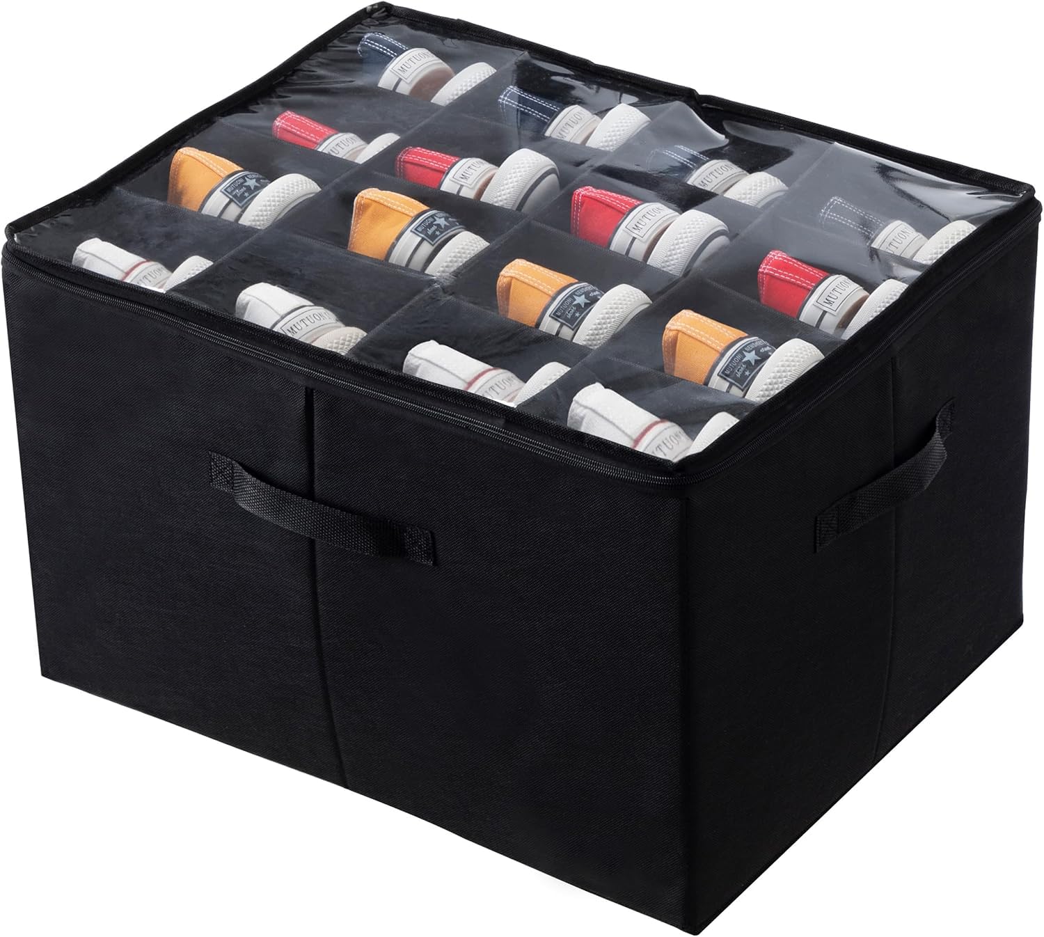 mene Shoe Storage Box Organiser with 16 Compartments, Black Fabric Storage Container with Reinforced Handles, Large Closet Storage Solution - Image 1