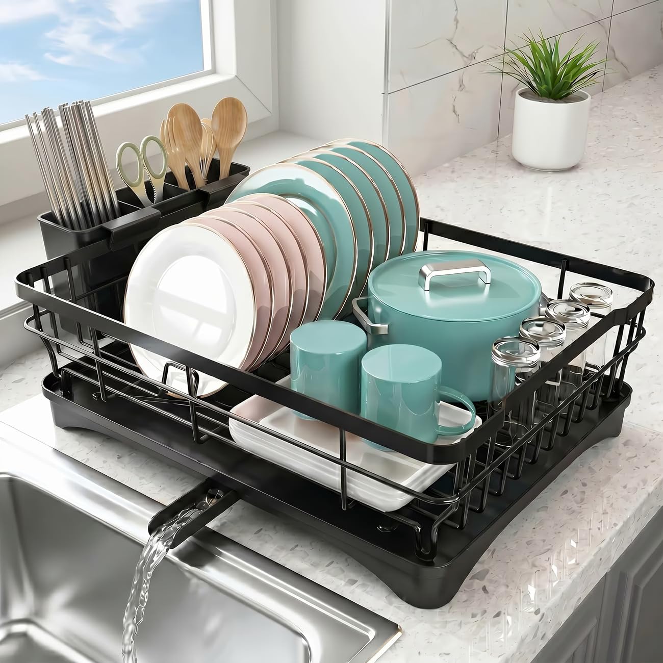 sr SR Utensils Drying Rack|Dish Drying Rack with Drainer Tray|Bartan Stand Steel|Kitchen Drying Racks|Utensils Stand & Dish Drainer Rack (Black) - Image 1