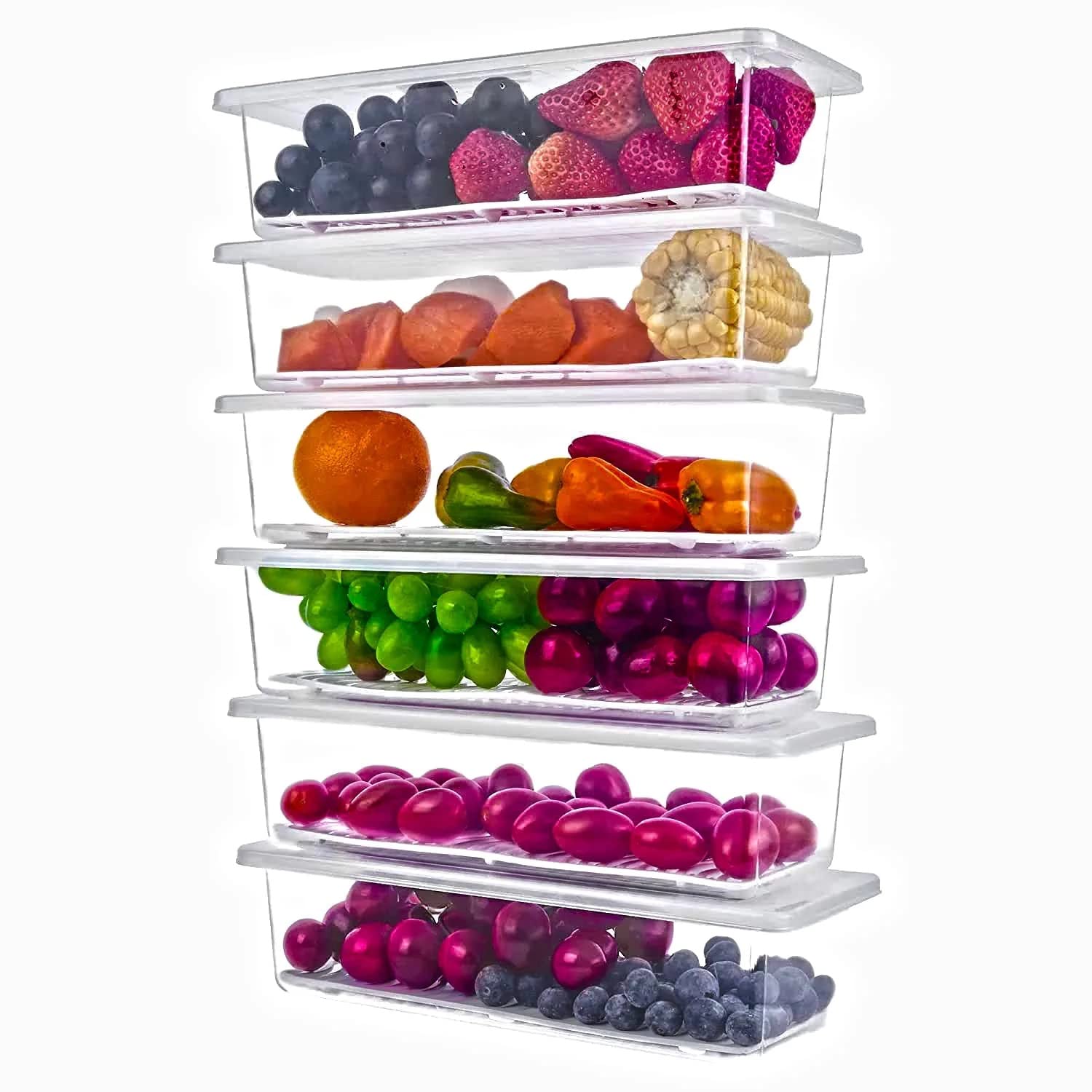 xiran Xiran 6 Fridge Storage Boxes Fridge Organizer With Removable Drain Plate&Lid Stackable Fridge Storage Containers Plastic Freezer Storage Containers For Fish,Meat,Vegetables,Fruits(1500Ml),Transparent - Image 1